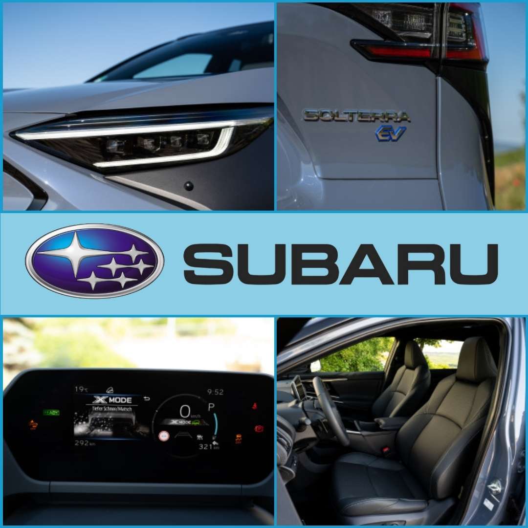 Diseño interior y diseño exterior del Subaru Solterra. Detalles y logo de Subaru.